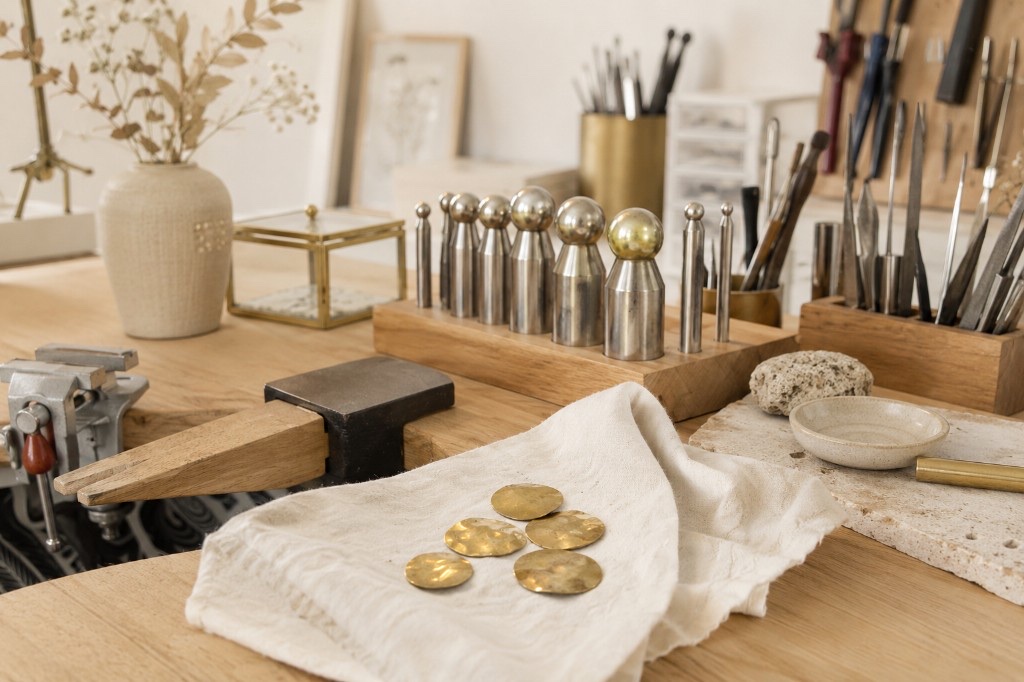 Établi de bijoutier avec pièces d'or martelées, maillets et outils de précision à l'atelier Petite Mer